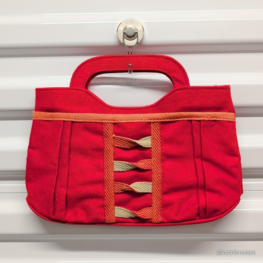Unbranded Canvas Tote Bag Red Ribbon Weave‎ Small Handbag Cut Out Handle Vintage